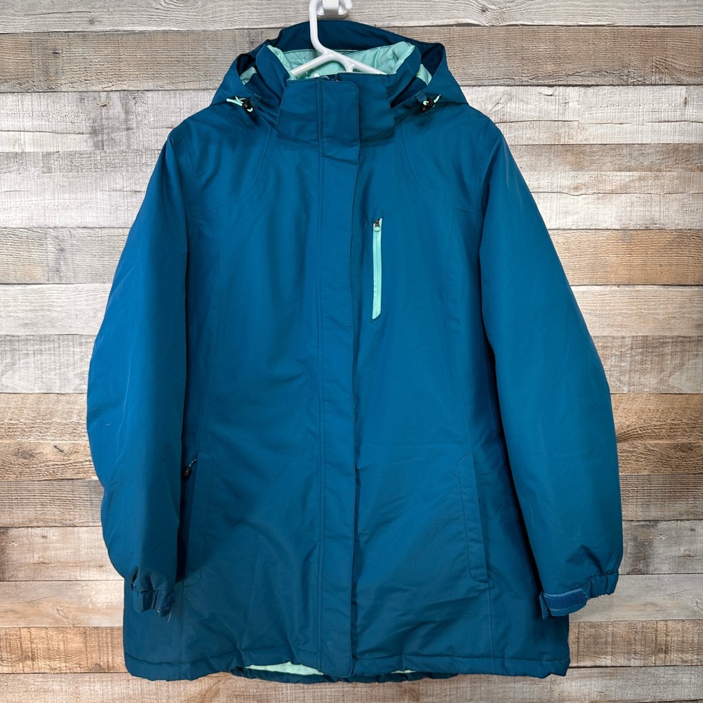 Lands End Womens 2X Teal Blue Down Puffer Parka Hooded Belted Winter Coat 20W-22